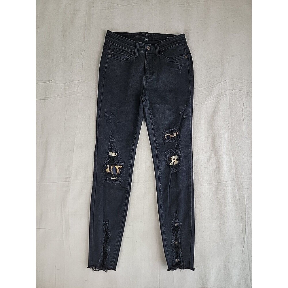Judy Blue Skinny Jeans Womens 3/26 Black Distressed Leopard Print Patch Edgy